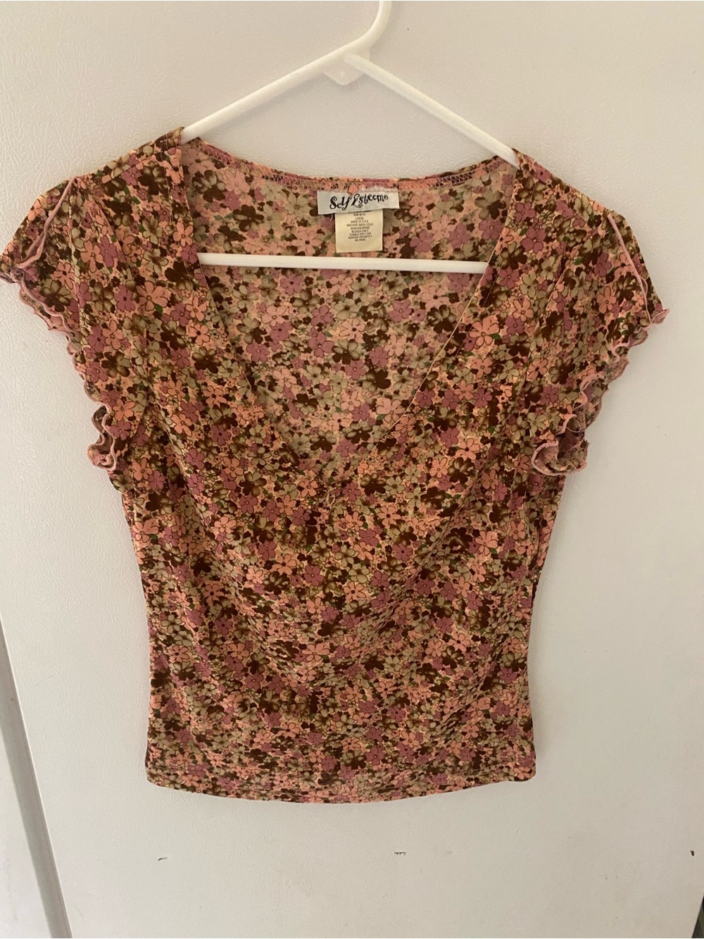 Y2K Self Esteem Pink and Brown Floral V-Neck Short Sleeve Top